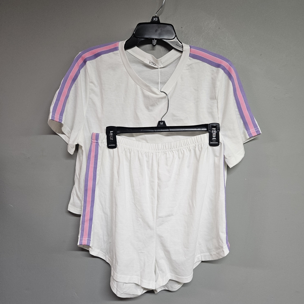 Women's Large White Pajama Set Short Sleeve Crop Top Shorts Pink Purple Strip